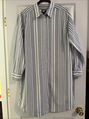 Lands' End Women’s Oxford Cotton Shirt Dress in Mixed Navy Stripes